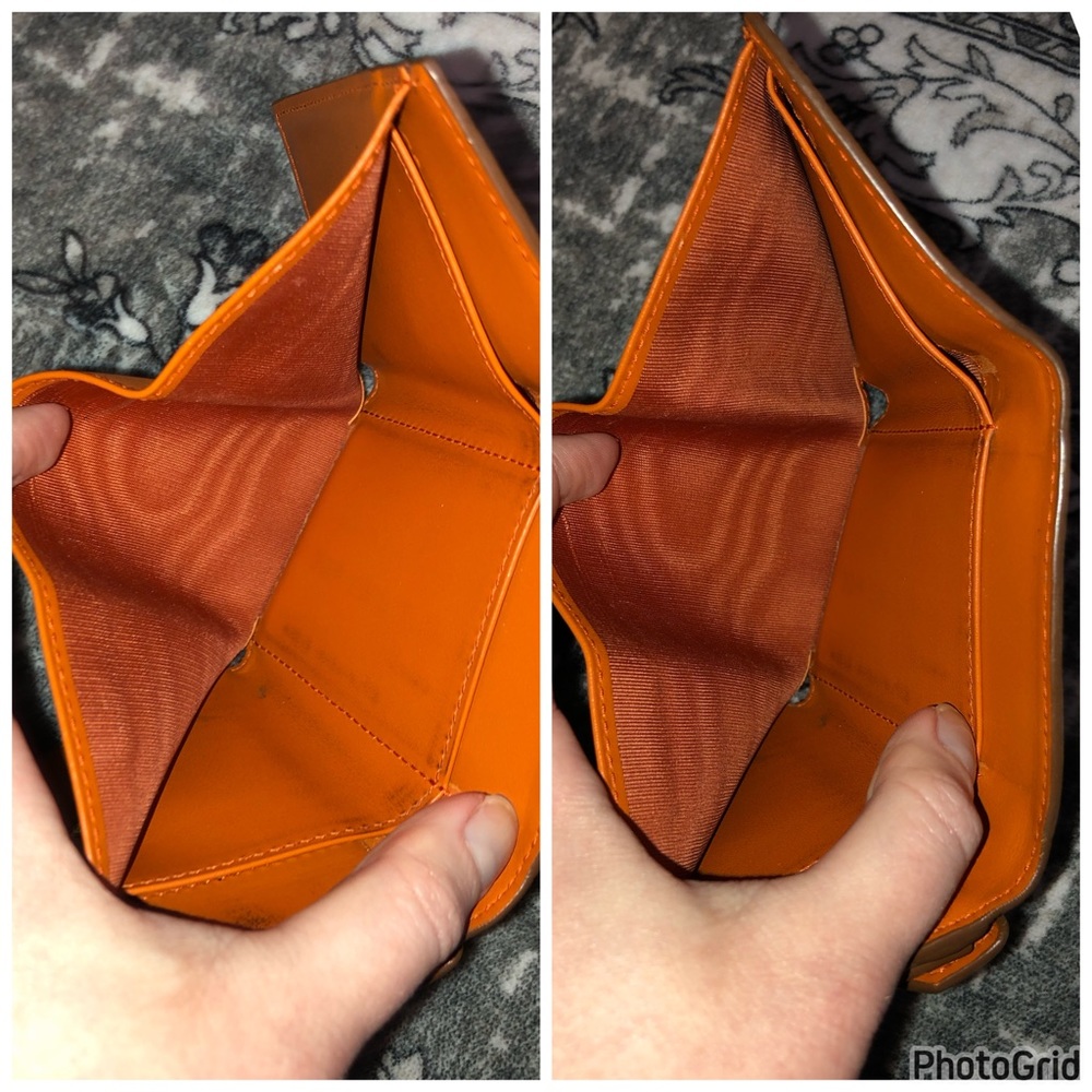 Prada AUTHENTIC Tan Leather Orange Interior Trifold Gold Logo Compact Wallet - Picture 15 of 16